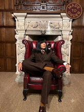 Brown herringbone William Bliss tweed suit made for Claudia Winkleman by Barrington Ayre